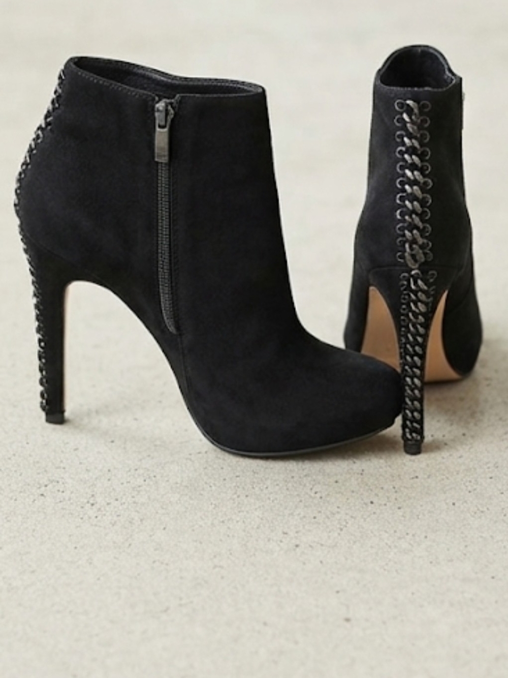 Vince Camuto "Cannon" Black Suede Ankle Booties with Chain Heel